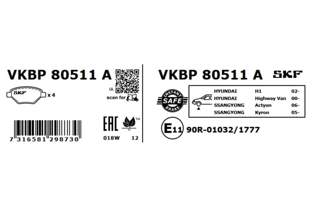 Jogo de 4 pastilhas de travão SKF ref. VKBP 80511 A